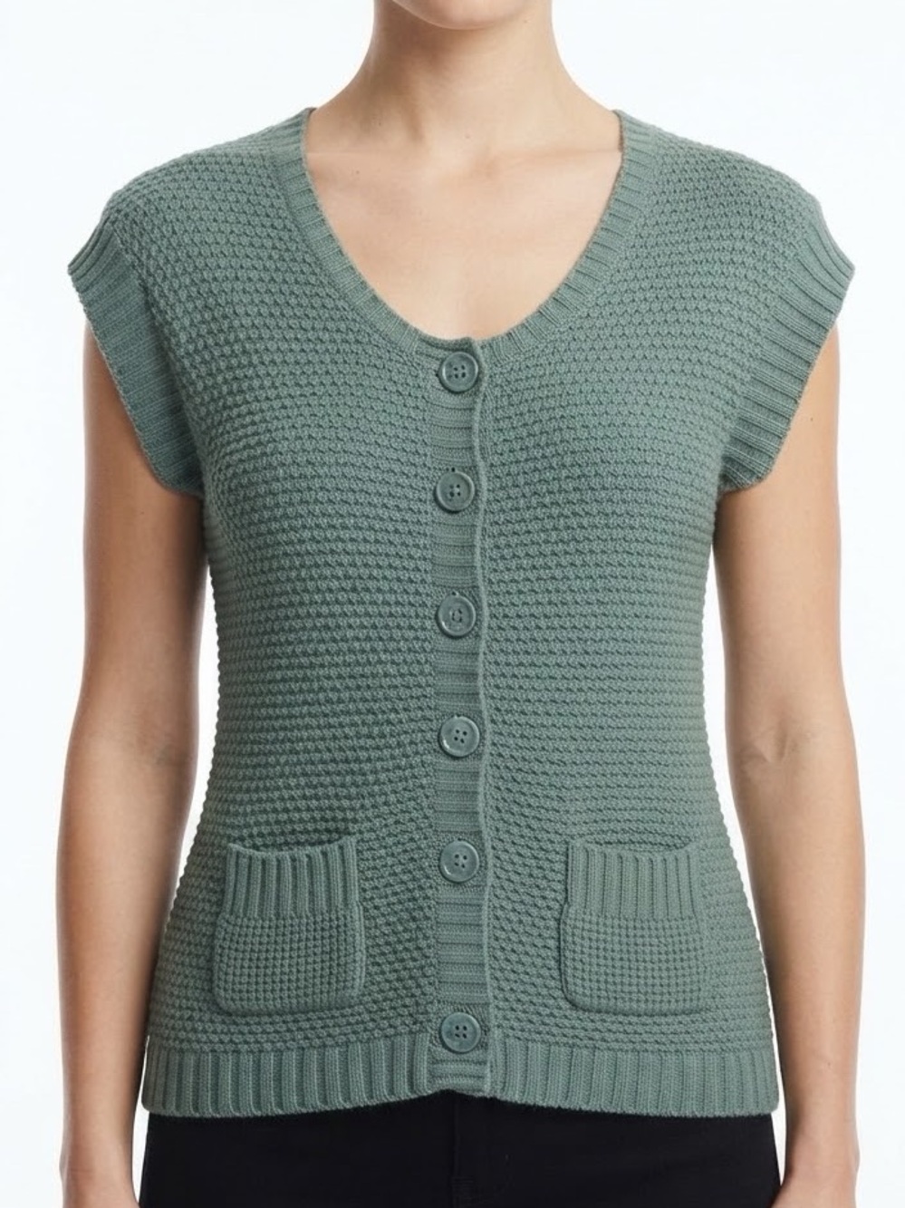 OP Vintage Women's Short-Sleeve Knit Sweater in Sage Green - Brand Size S